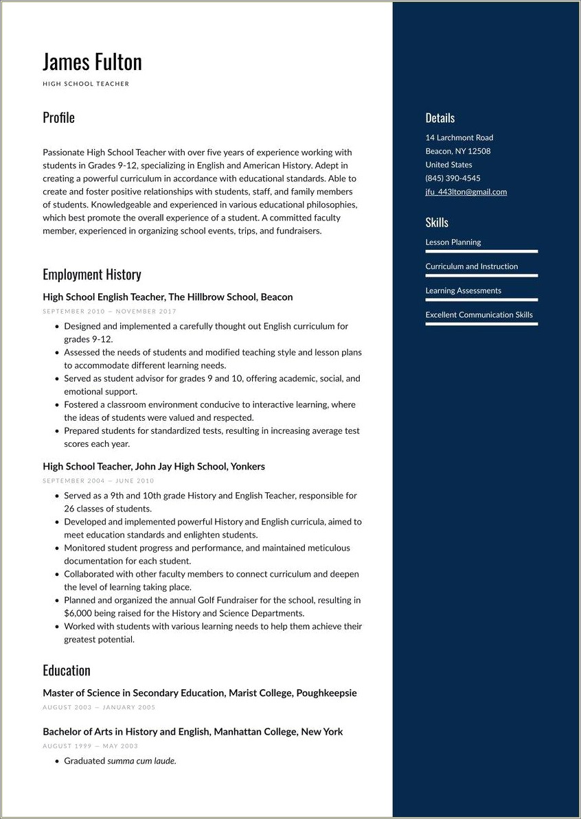 Sample Resume Education Section High School