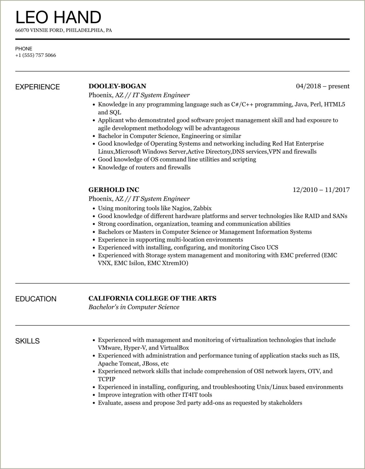 Sample Resume Engineer One Year Experience