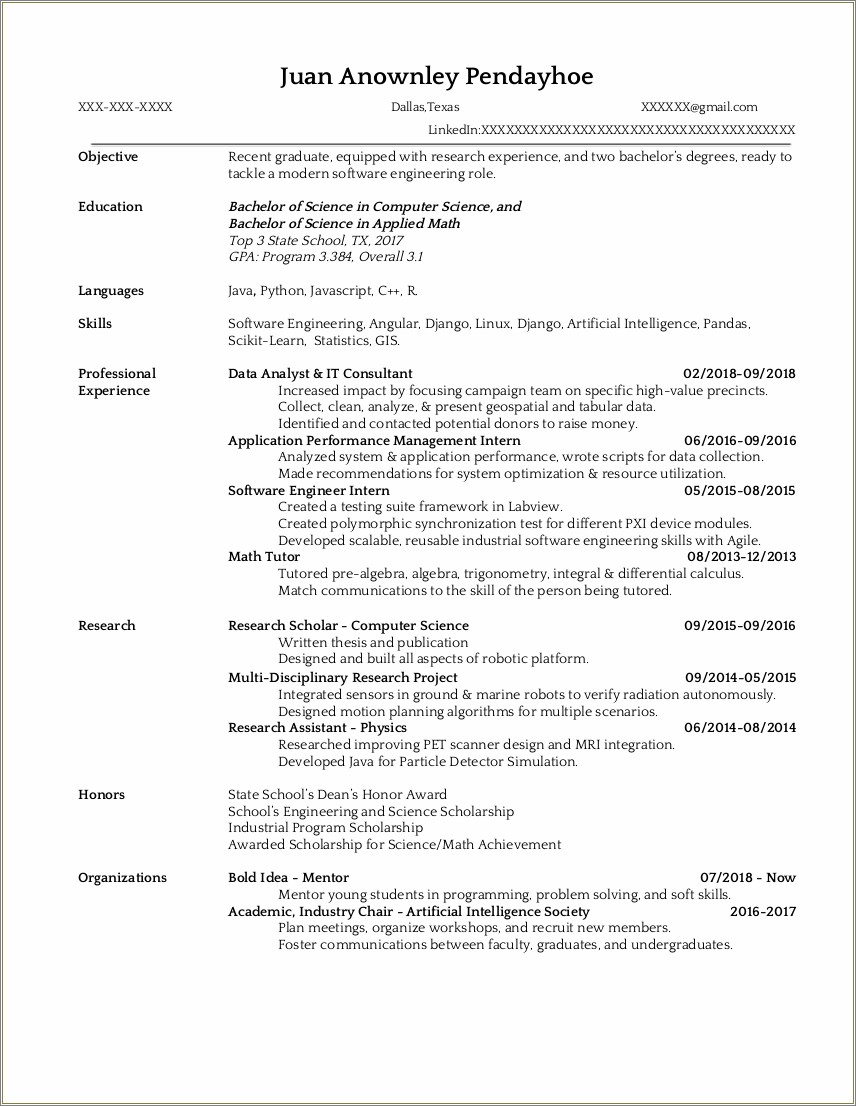 Sample Resume Entry Level Computer Science