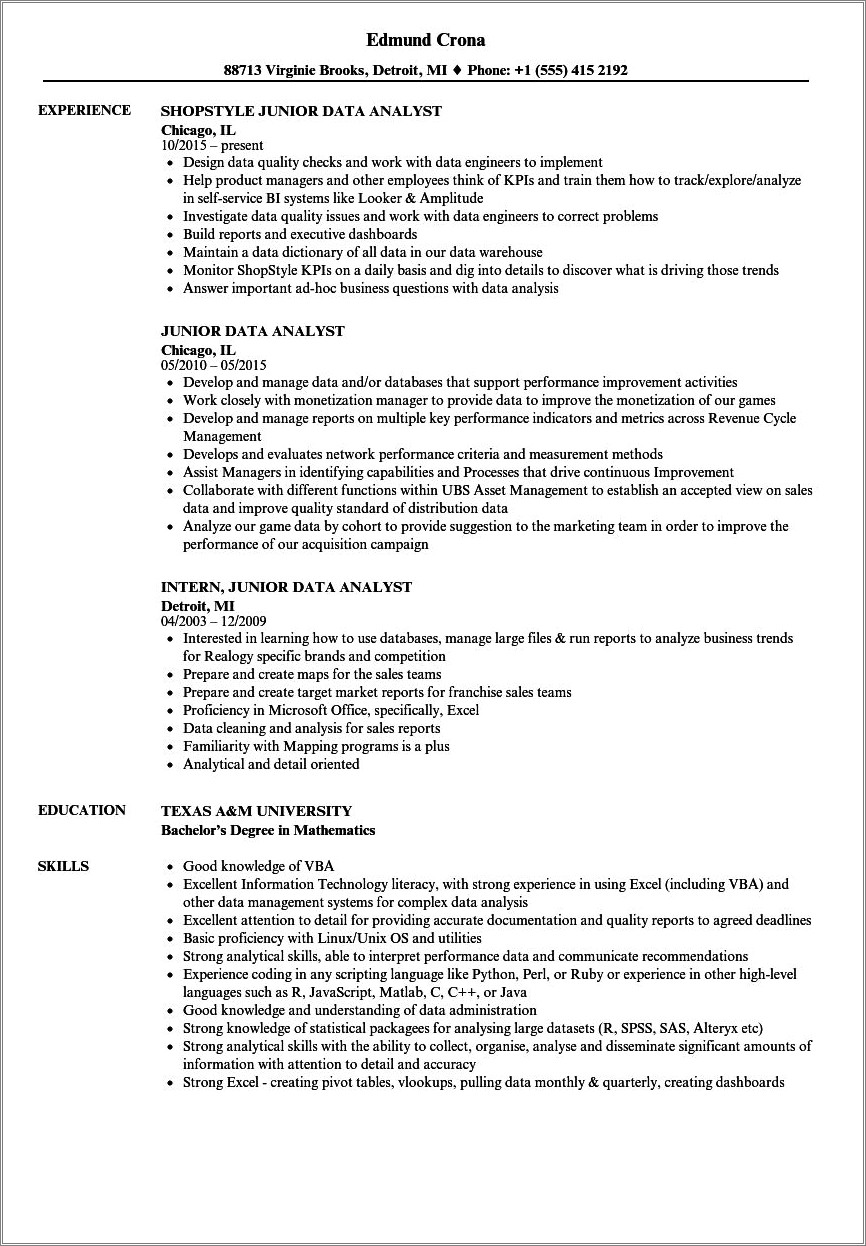 Sample Resume Entry Level Data Analyst