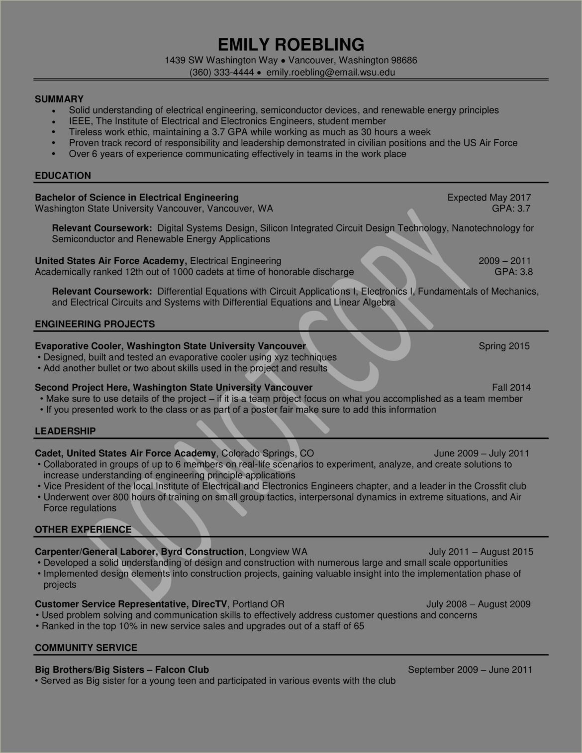 Sample Resume Entry Level Electrical Engineer