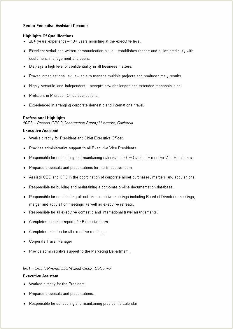 Sample Resume Executive Assistant To Cfo