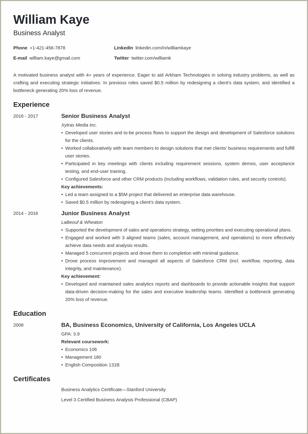 Sample Resume For 10 Years Experience As Ba