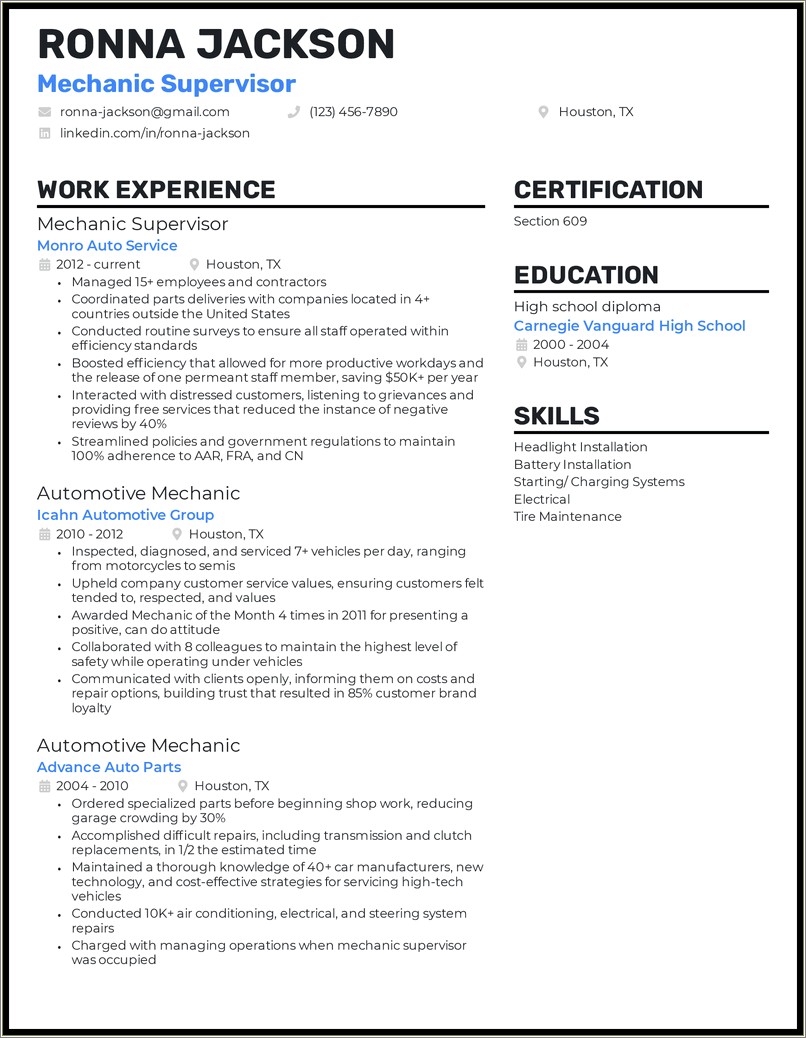 Sample Resume For A Auto Mechanic