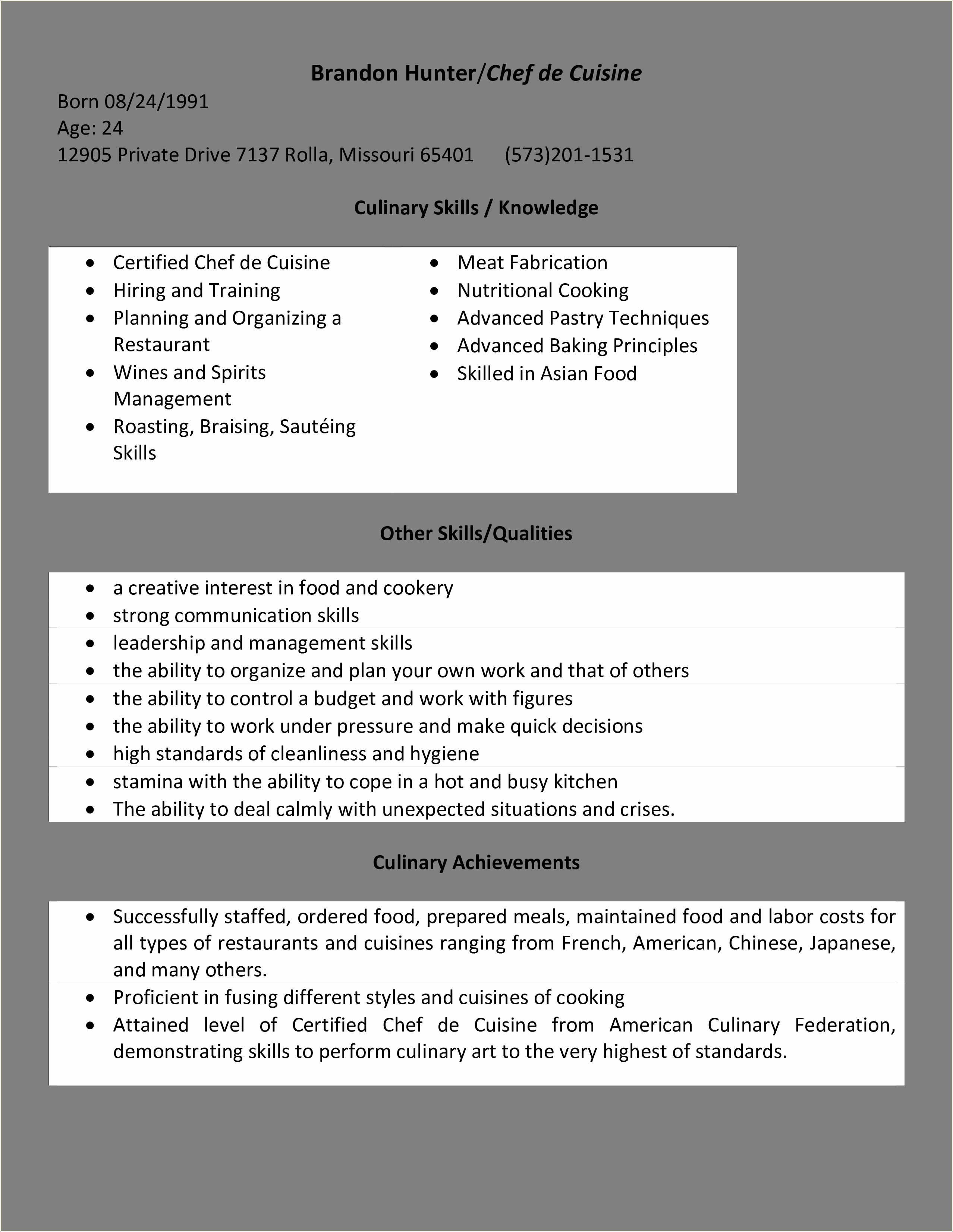 Sample Resume For A Chef Apprentice