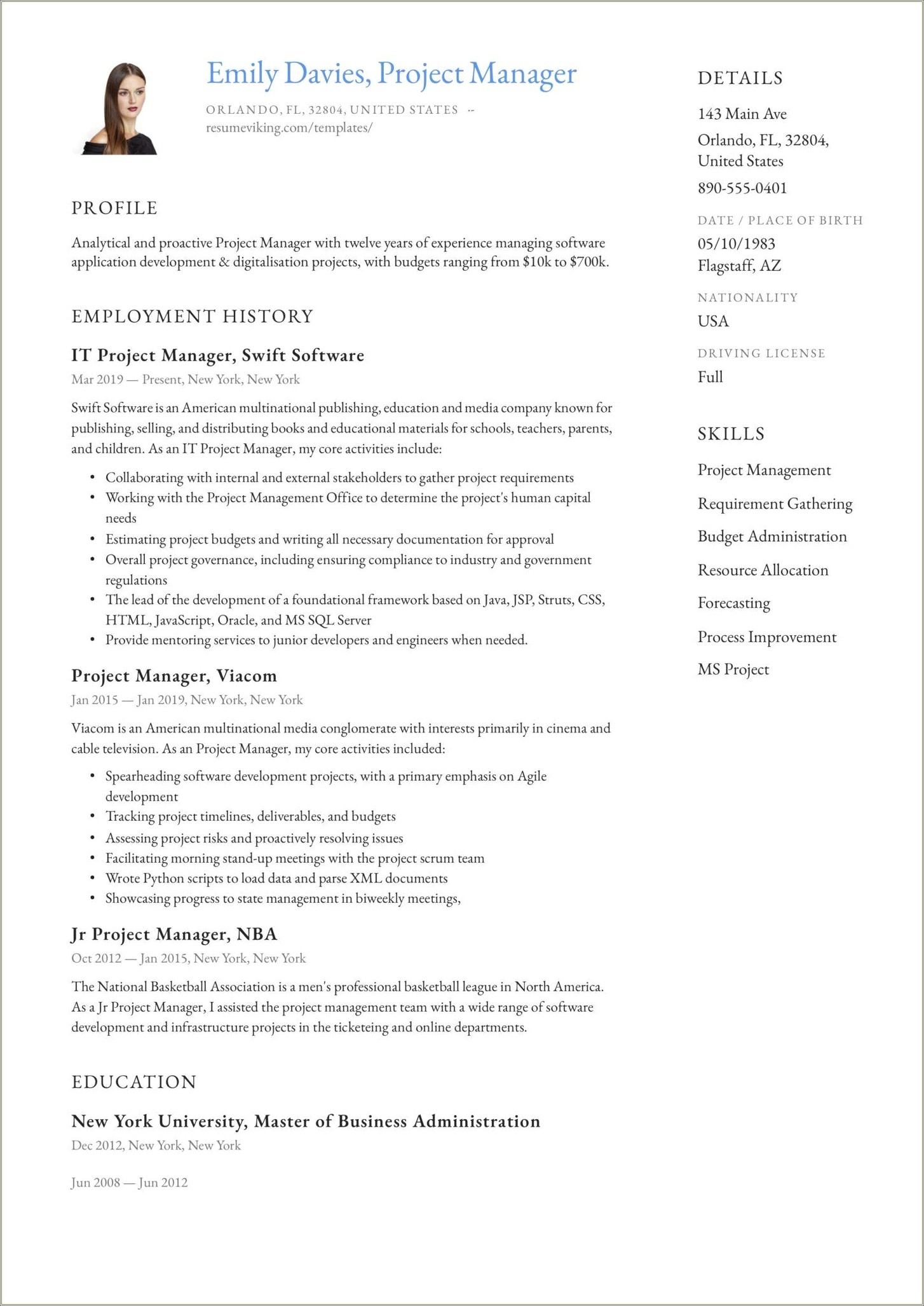 Sample Resume For A Construction Project Manager