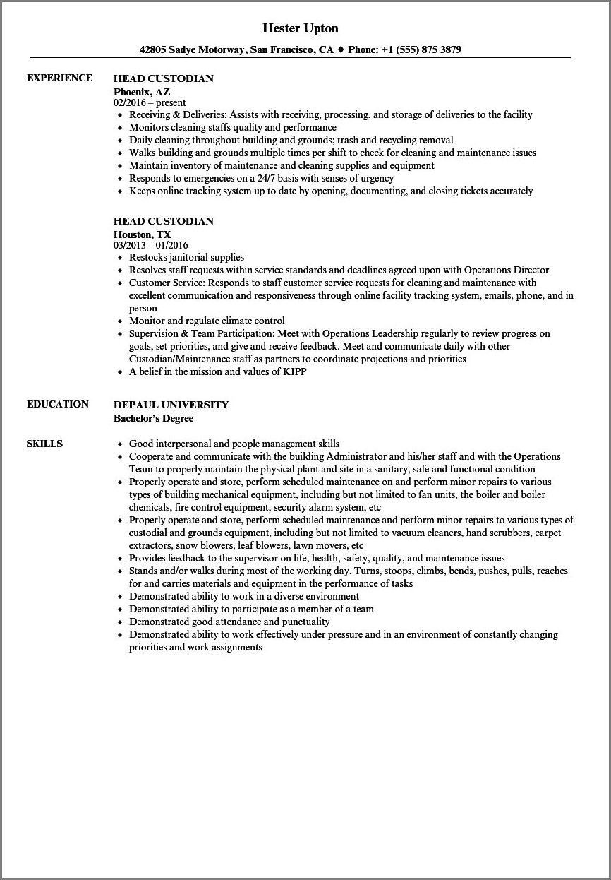 Sample Resume For A Custodian Position