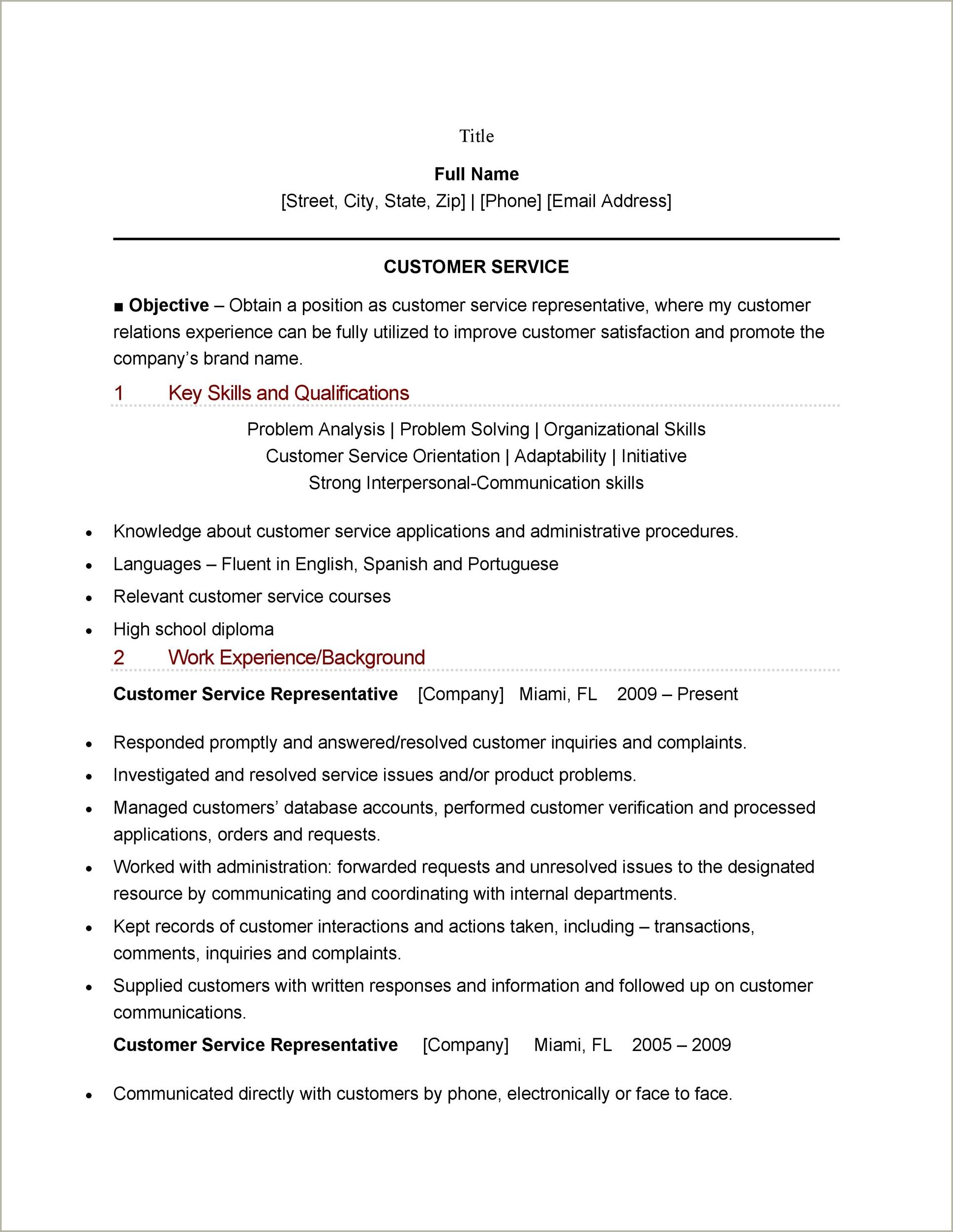 Sample Resume For A Customer Service