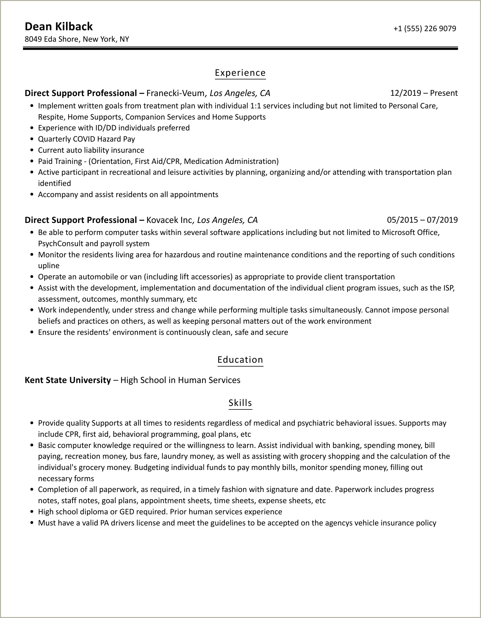 Sample Resume For A Direct Support Professional