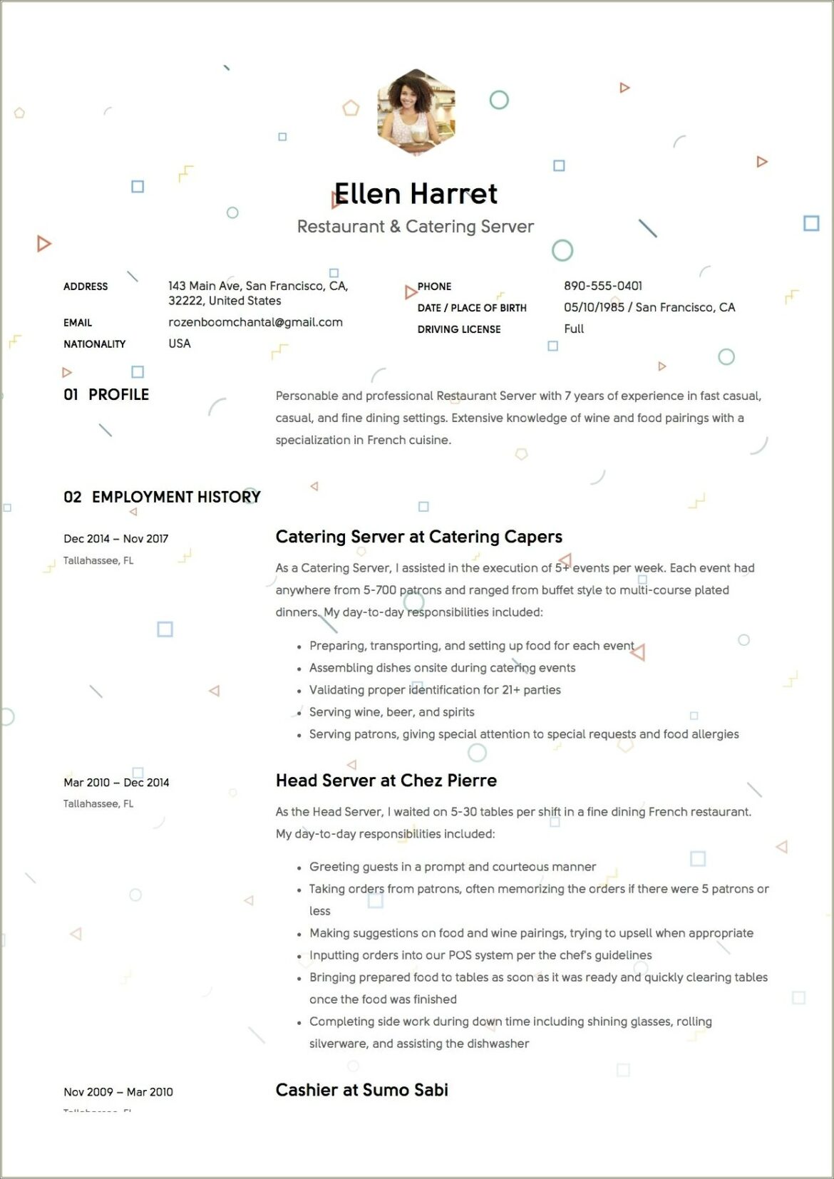 Sample Resume For A Food Runner