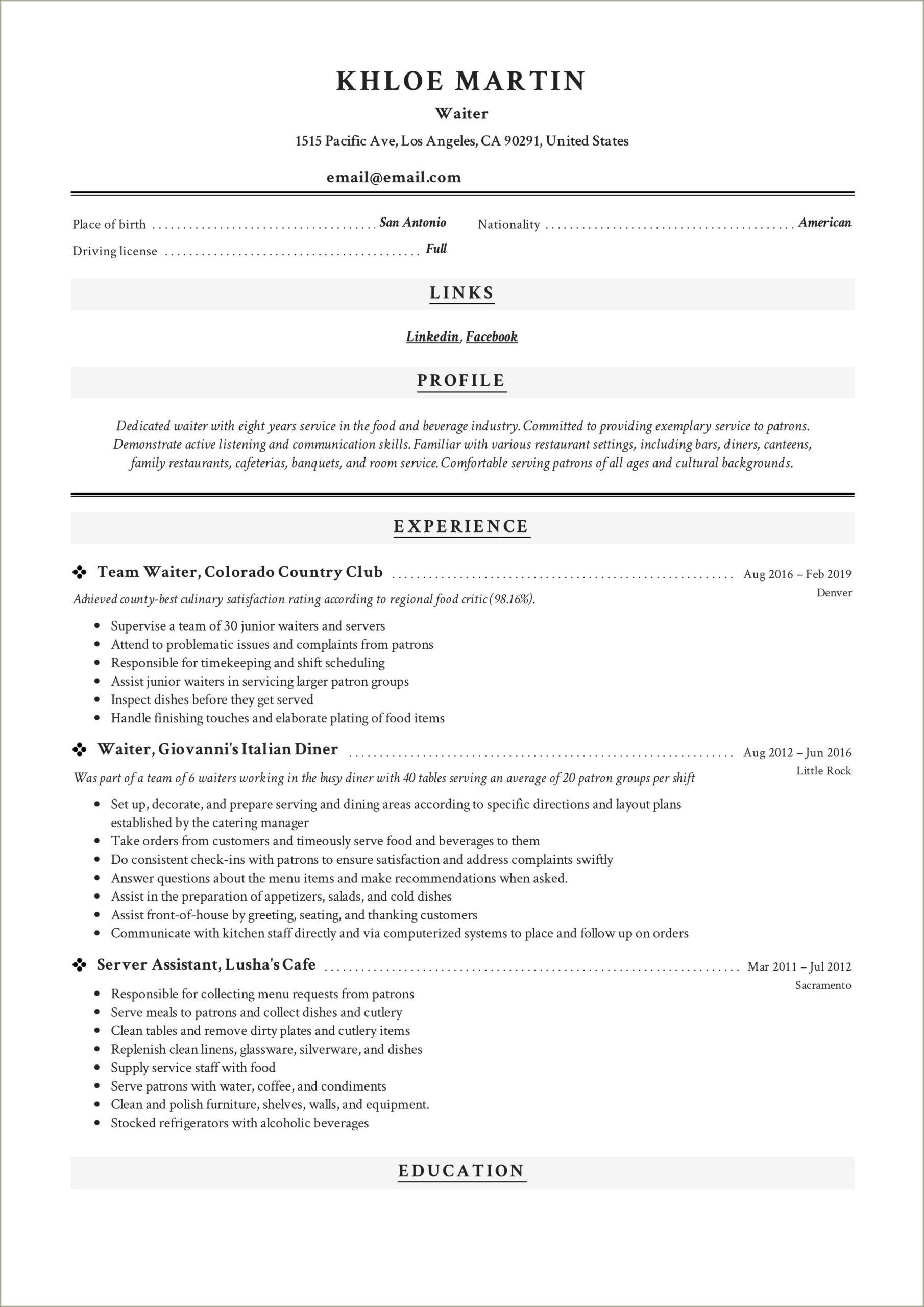 Sample Resume For A Hotel Server Without Experience