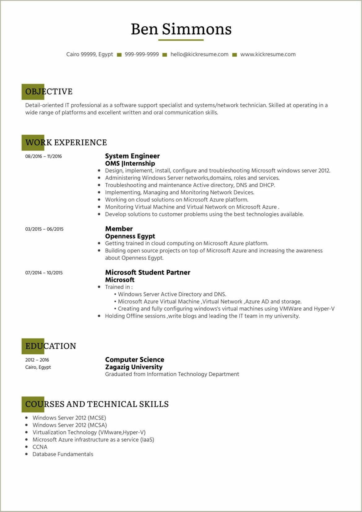 Sample Resume For A Junior It System Support