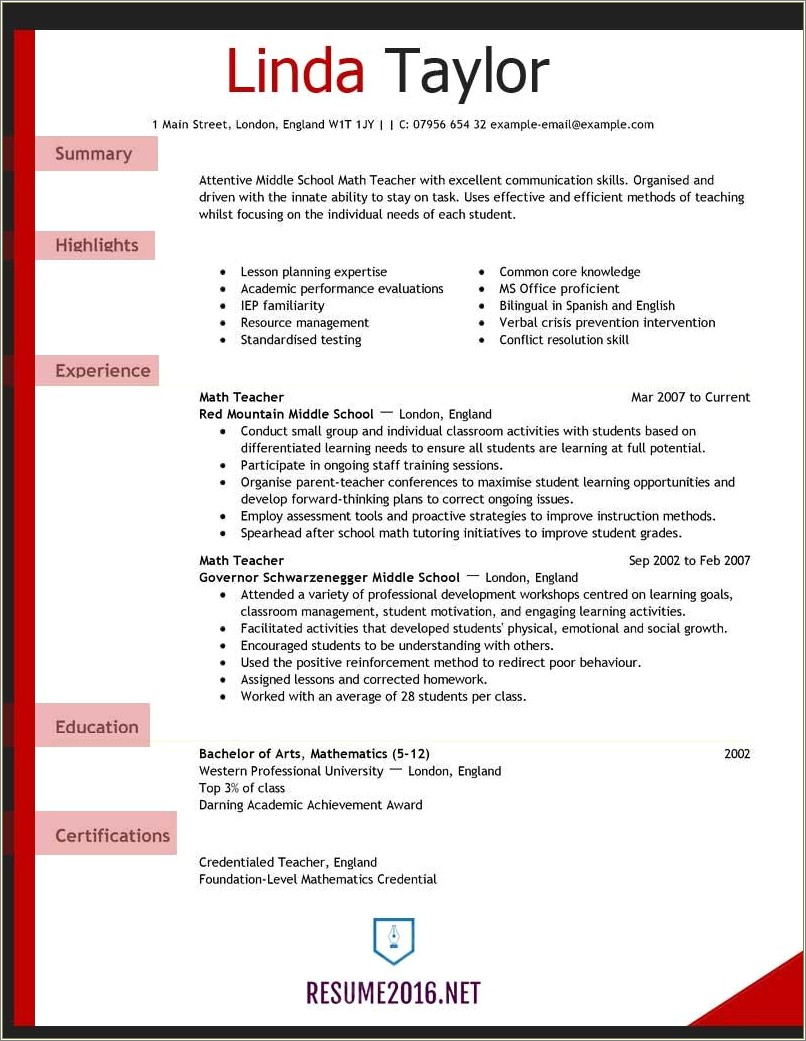 Sample Resume For A Mathematics Teacher
