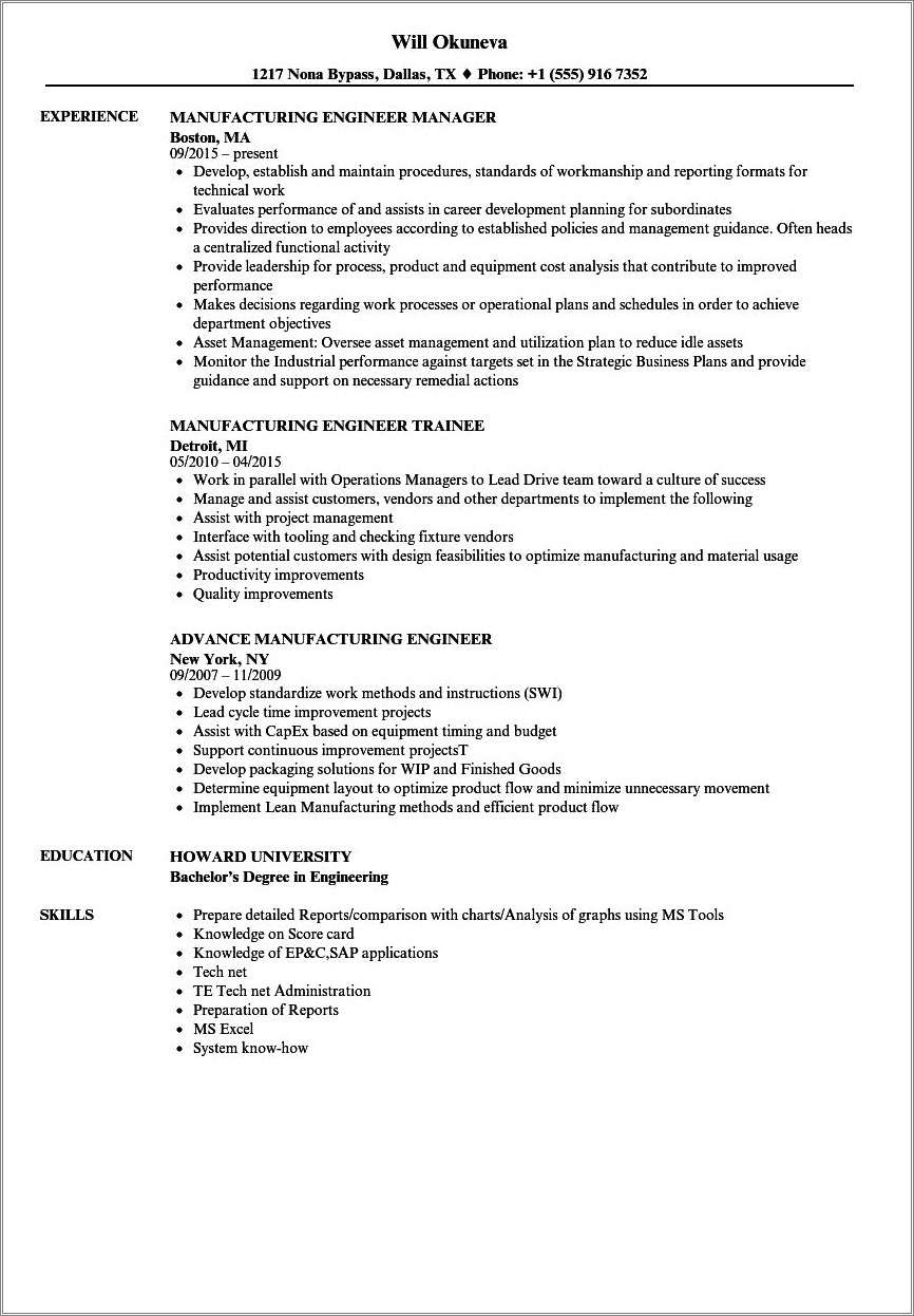 Sample Resume For A Mid Level Manufacturing Engineer