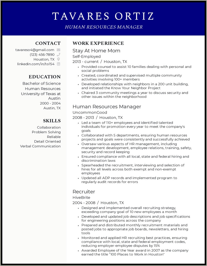 Sample Resume For A Mom Returning To Work
