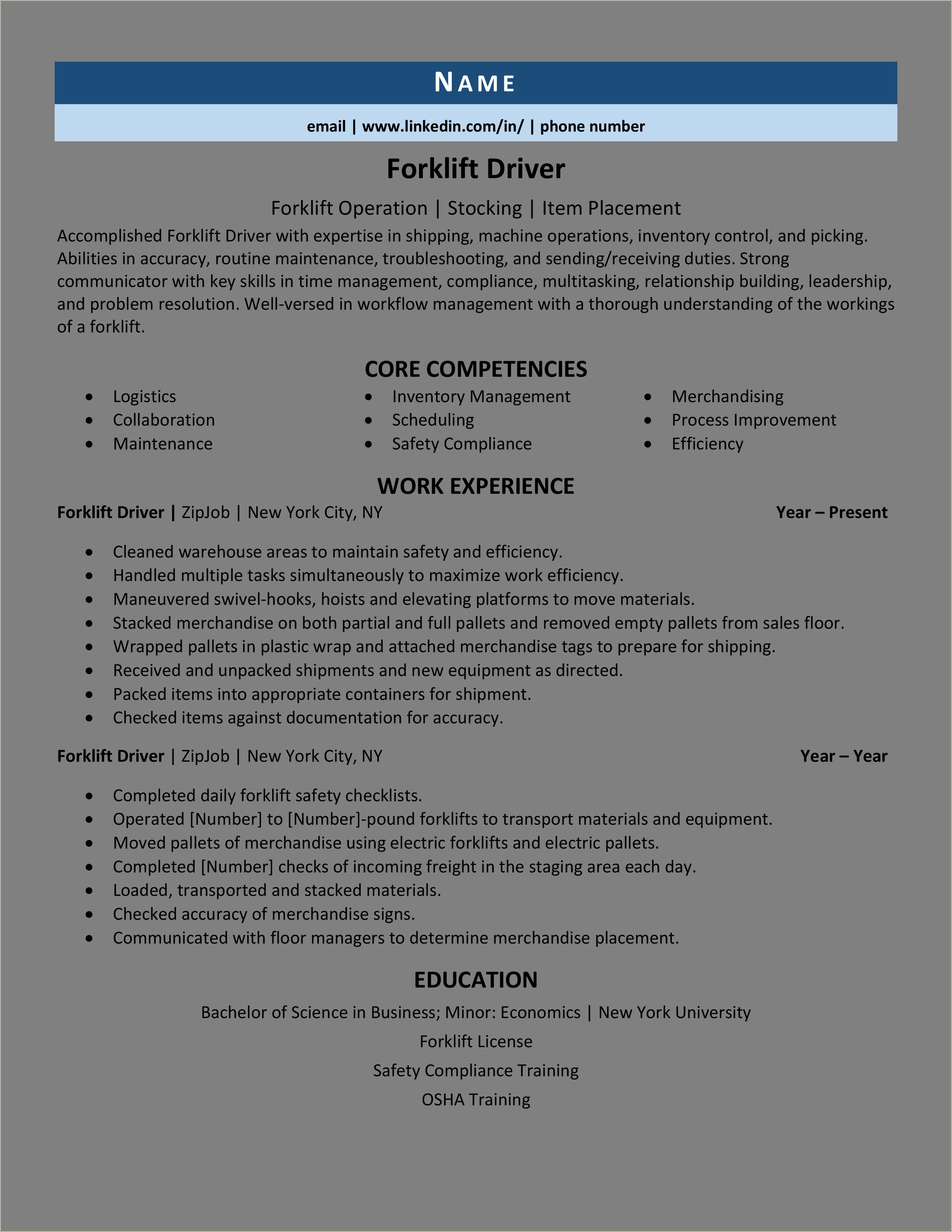 Sample Resume For A Mover Forklift