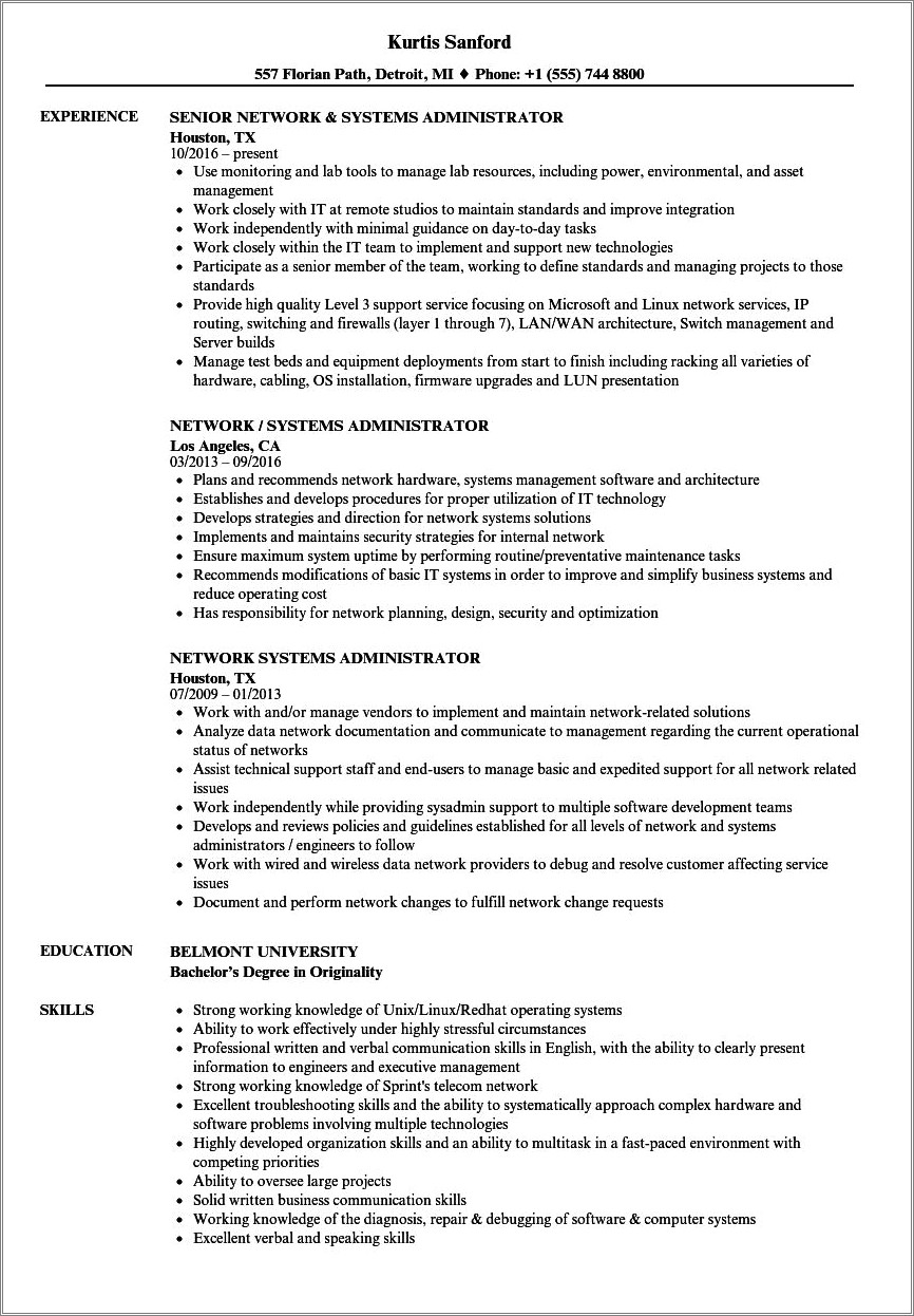 Sample Resume For A Network Administrator