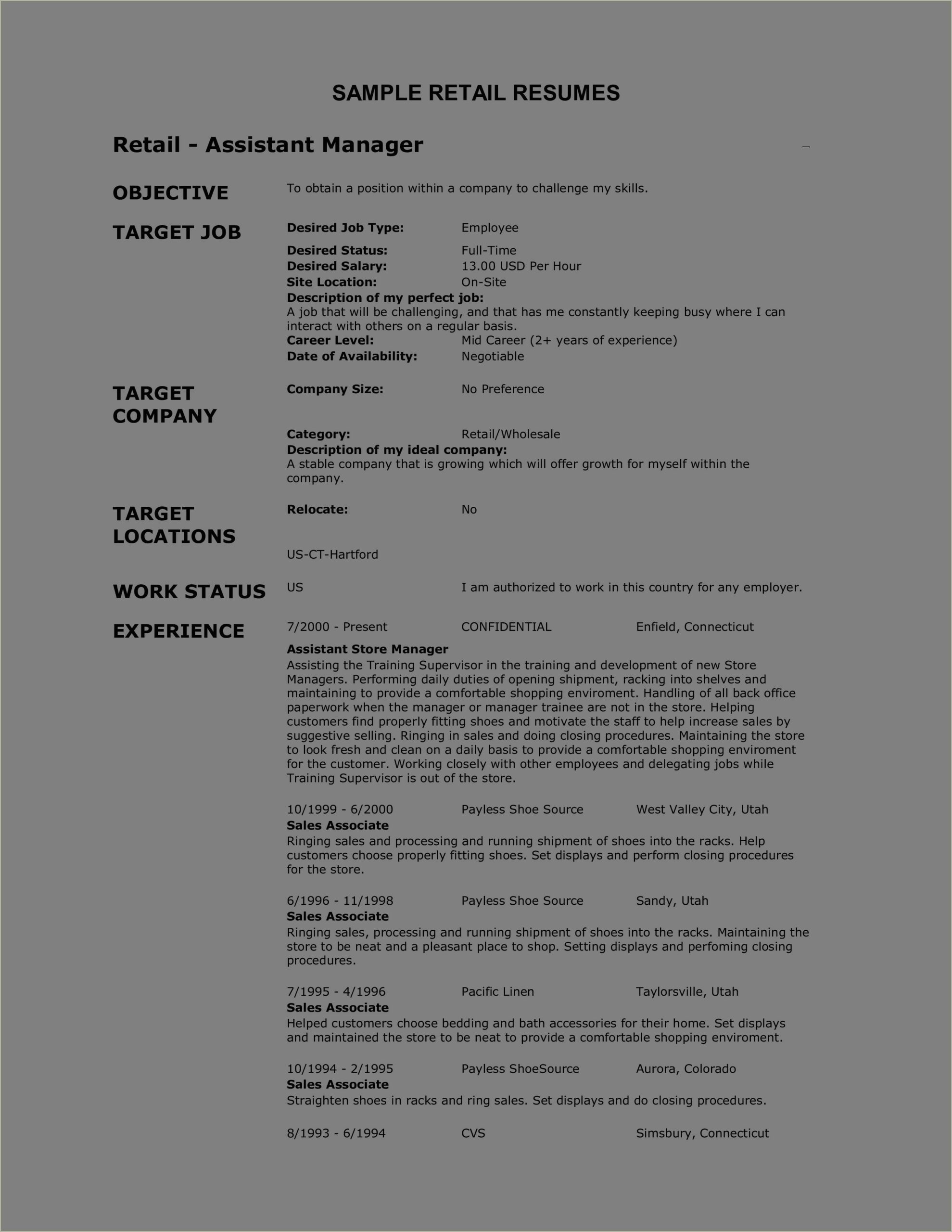 Sample Resume For A Retail Position