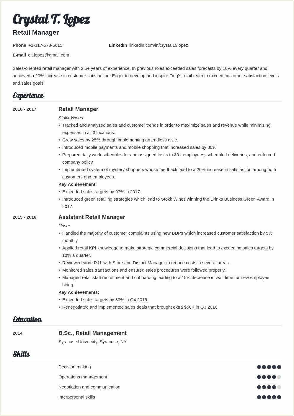 Sample Resume For A Retail Store Manager