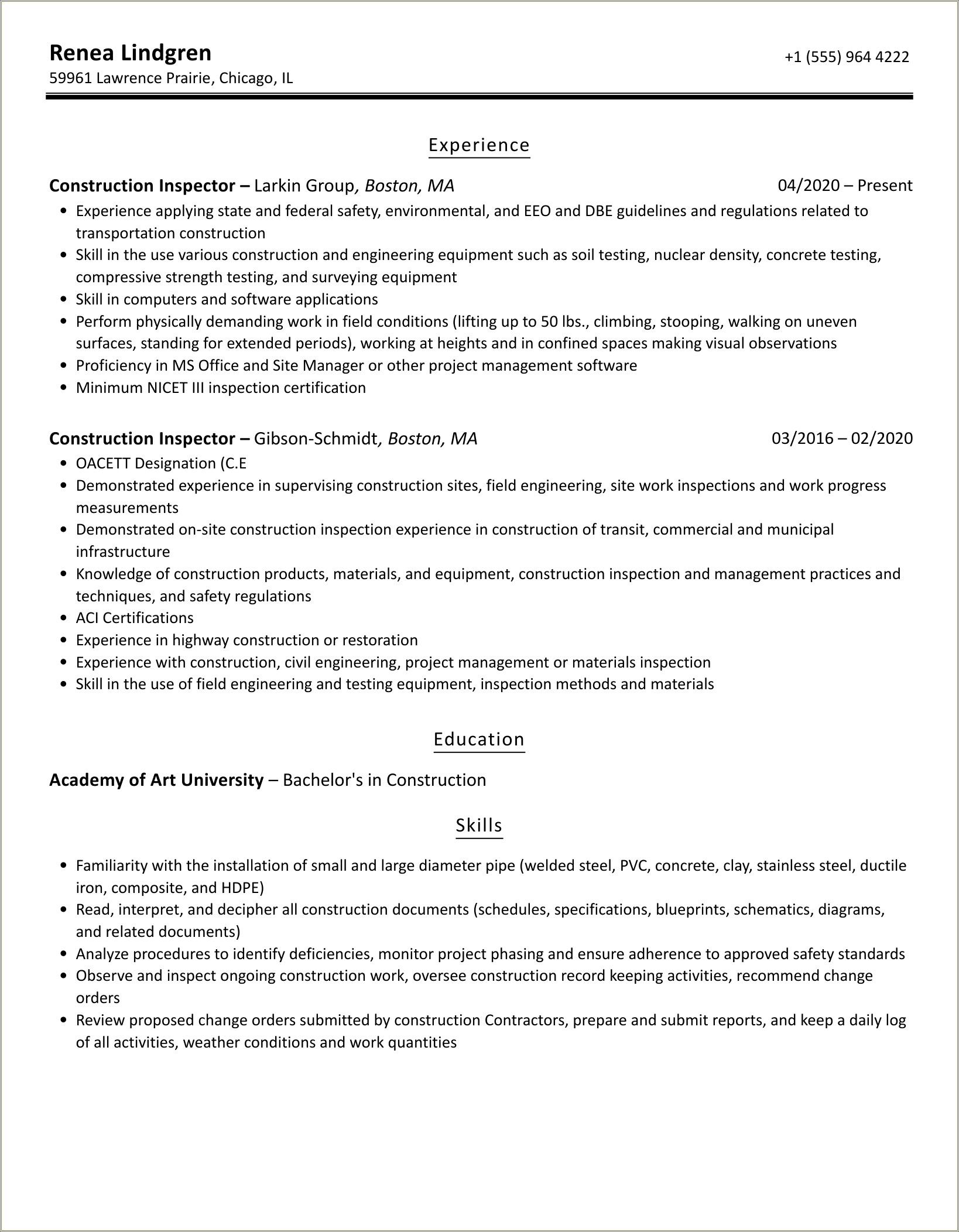 Sample Resume For A Site Inspector Instructor