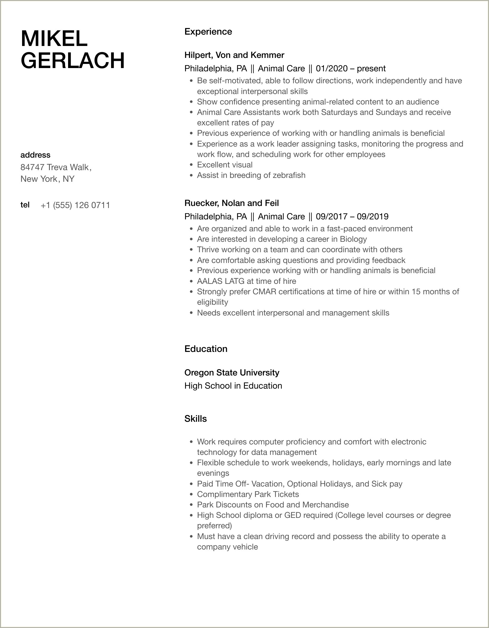 Sample Resume For A Starting Career Pet Care