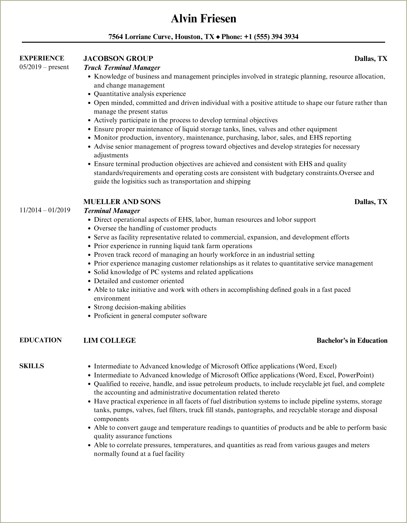 Sample Resume For A Terminal Manager