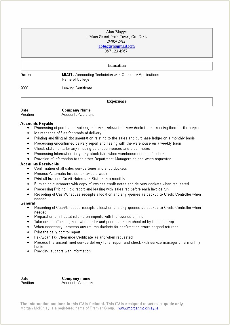 Sample Resume For Accounting Assistant Position