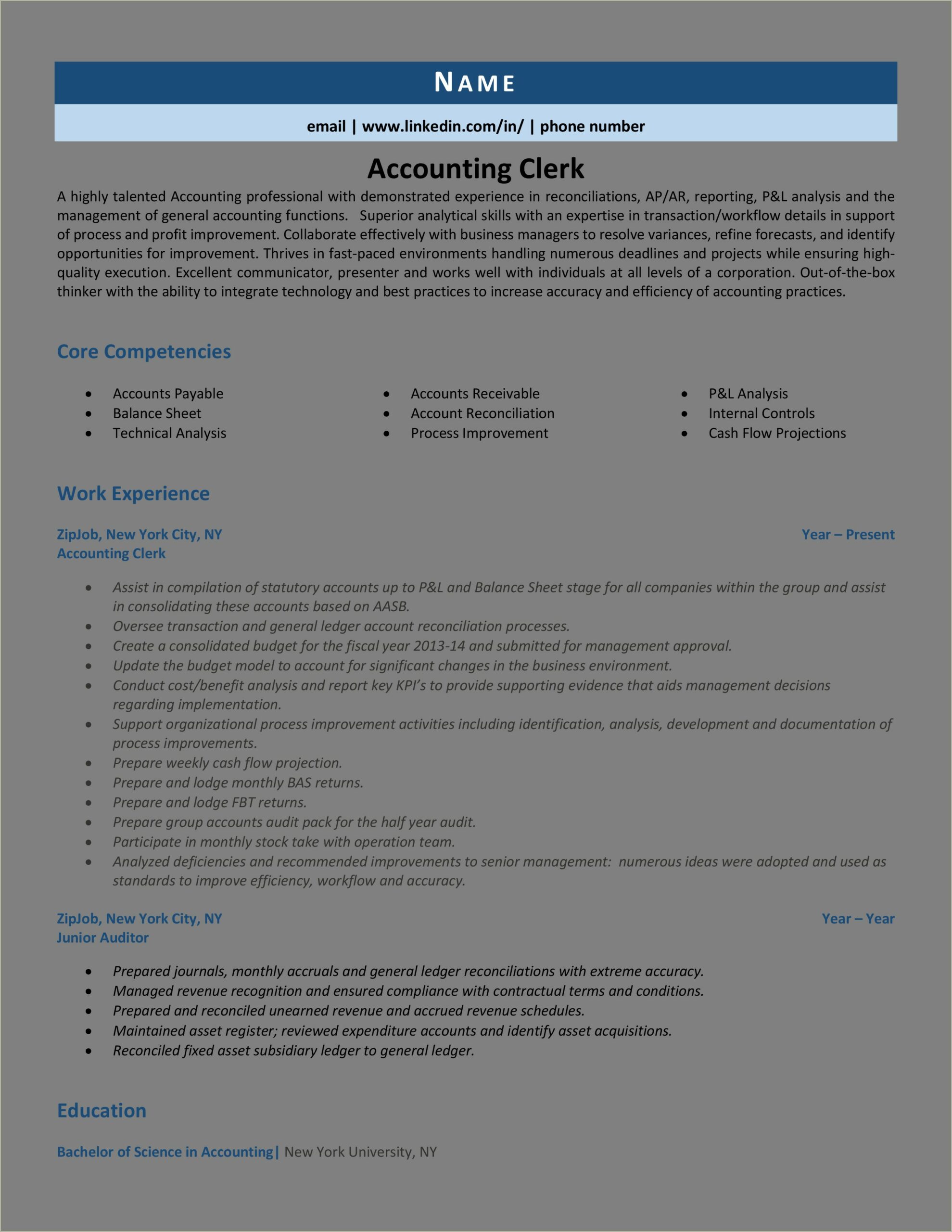 Sample Resume For Accounting Clerk With No Experience