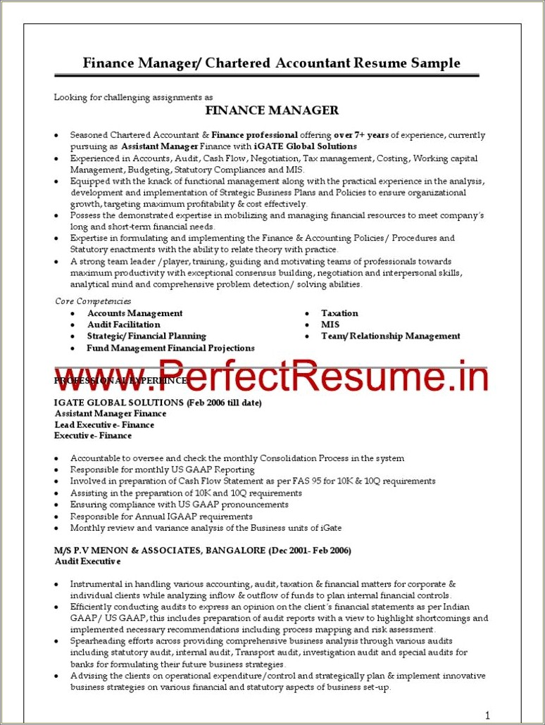 Sample Resume For Accounts And Finance In India