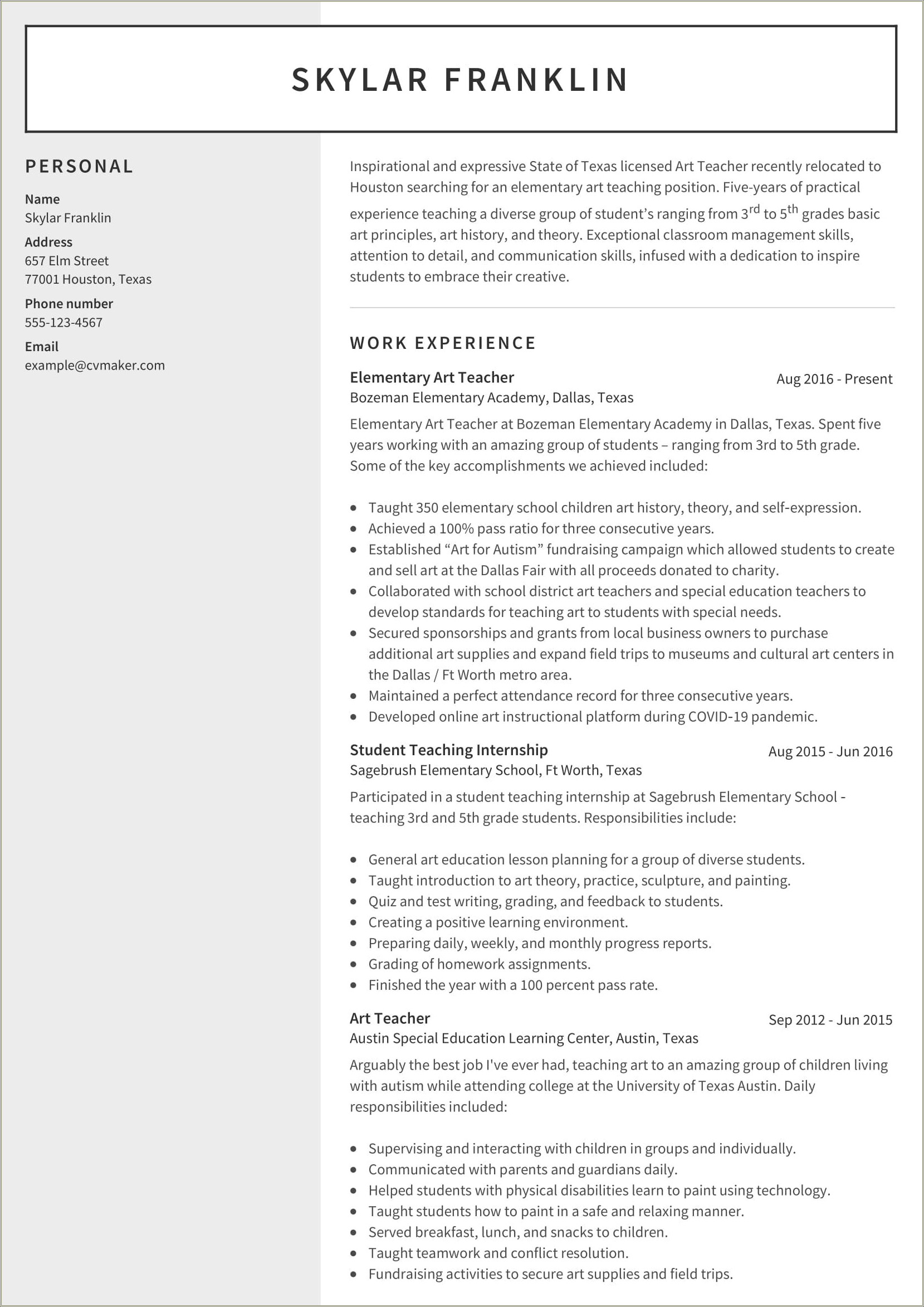 Sample Resume For Admission To Art Schools
