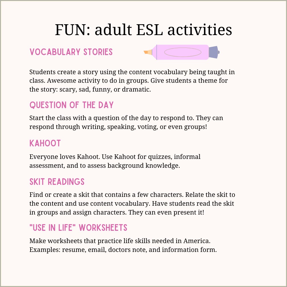 Sample Resume For Adult Esl Students