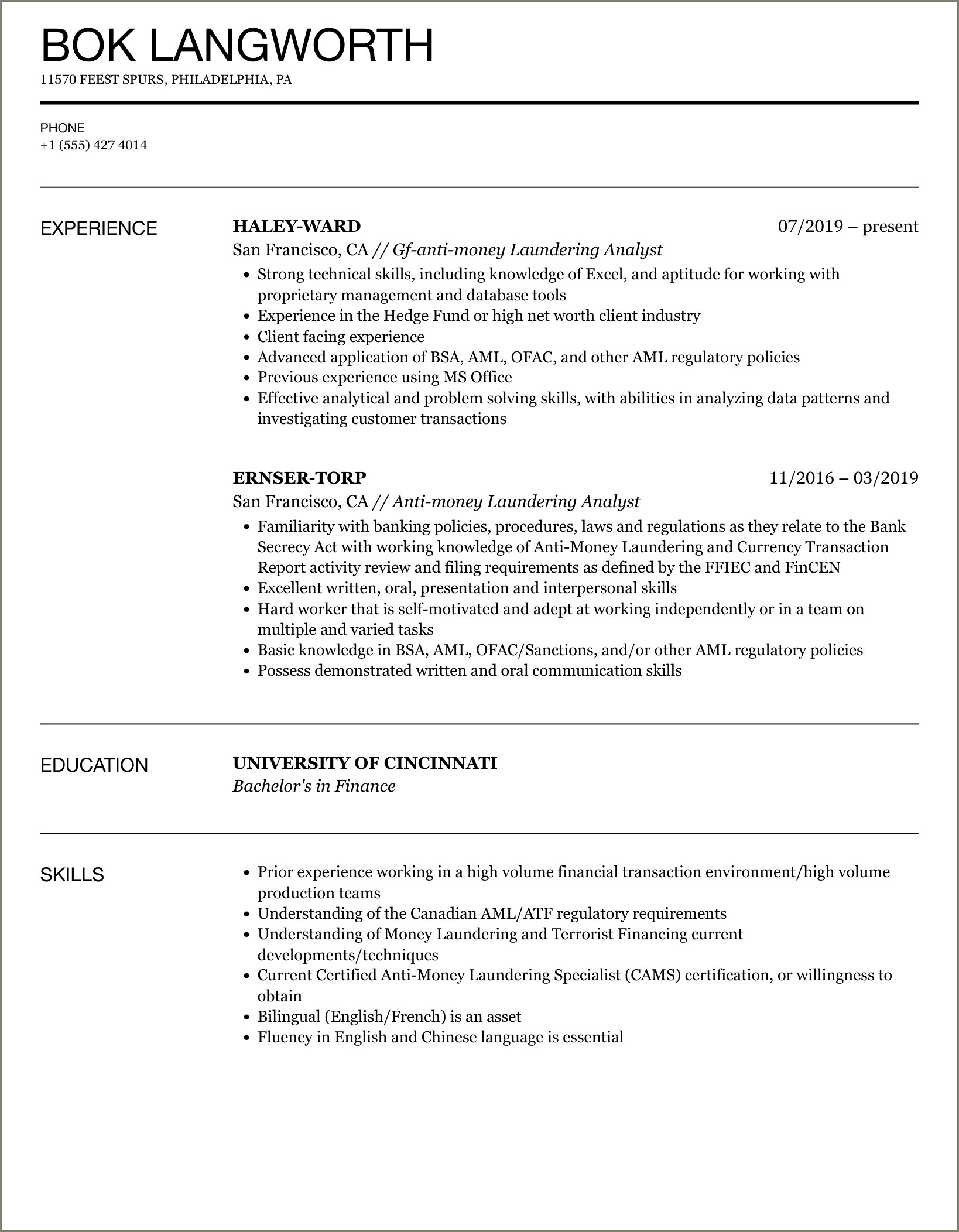 Sample Resume For Aml Kyc Analyst