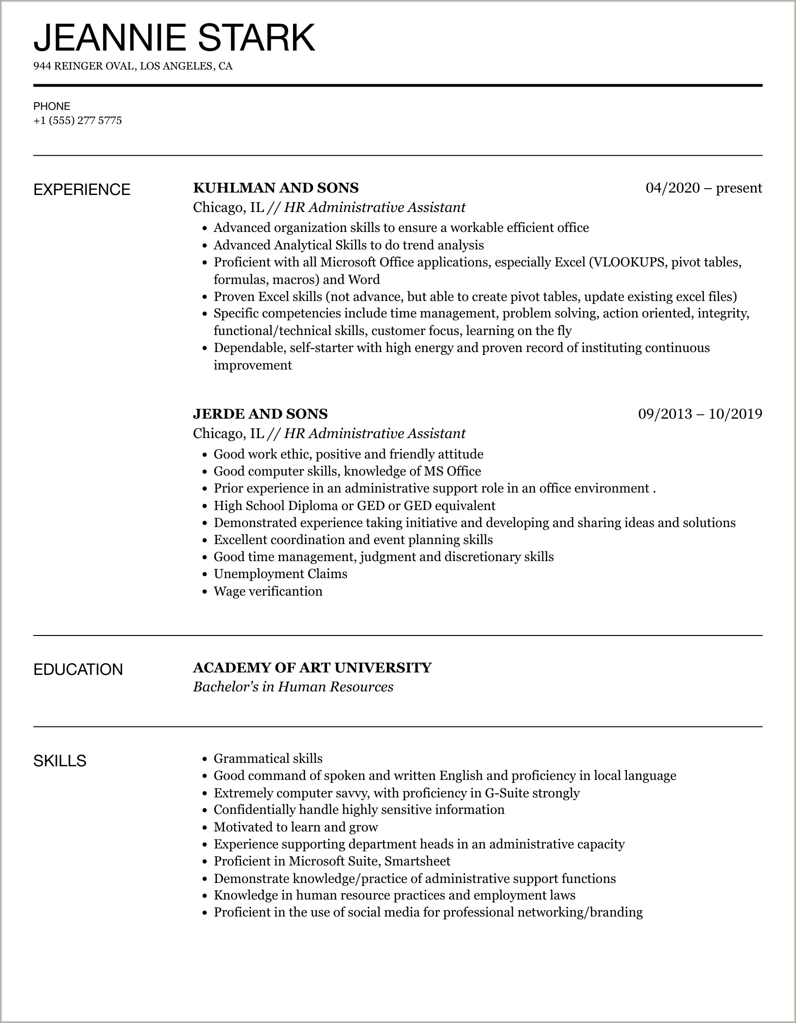 Sample Resume For An Administrative Assistant Entry Level