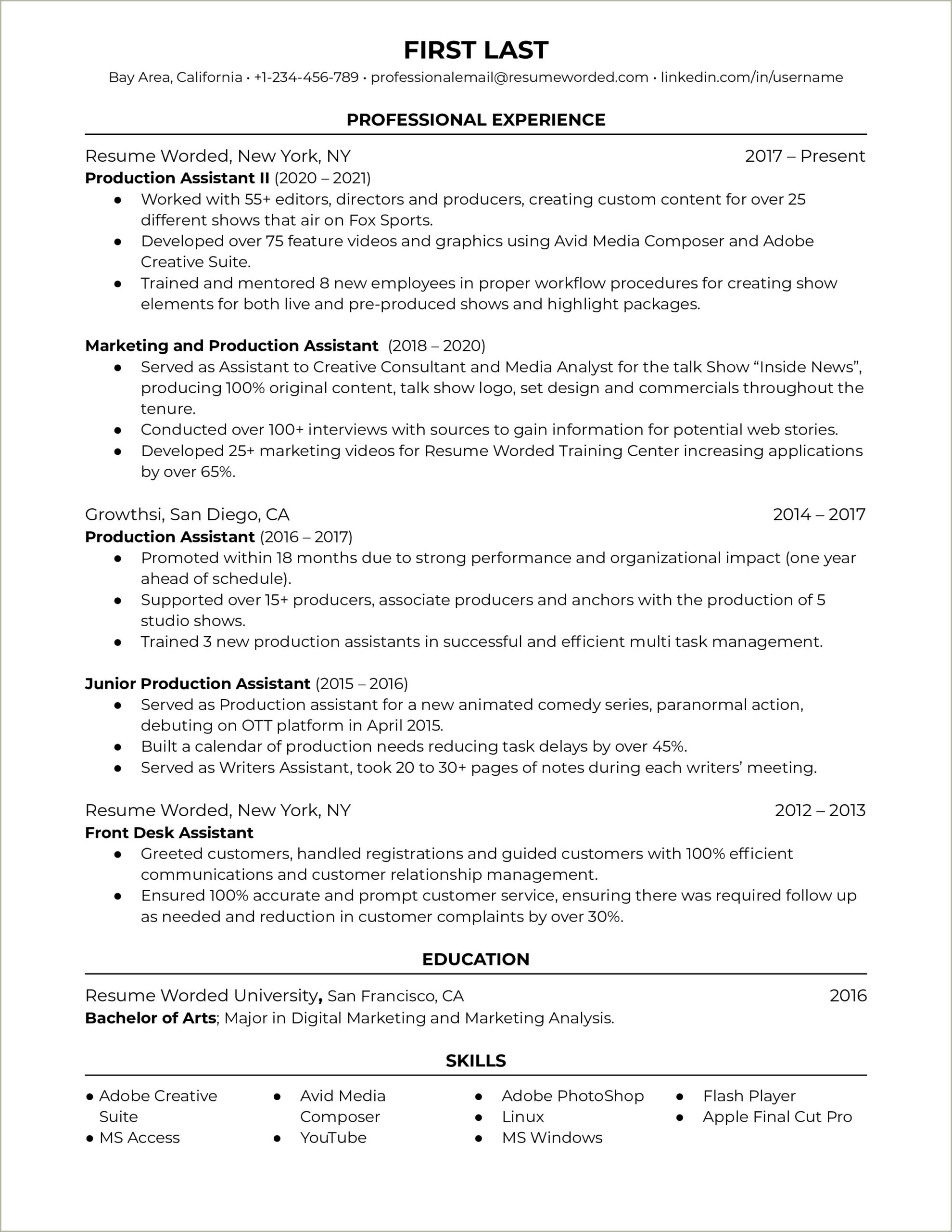 Sample Resume For An Entertainment Industry