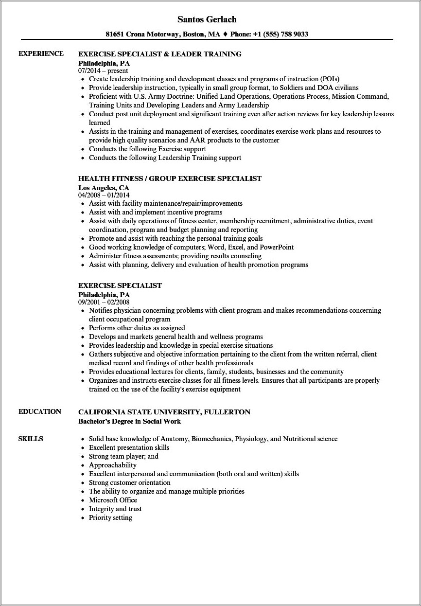 Sample Resume For An Exercise Science Major