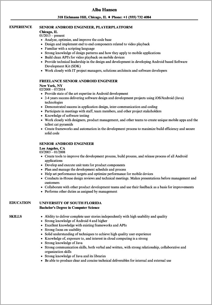 Sample Resume For Android Developer Job