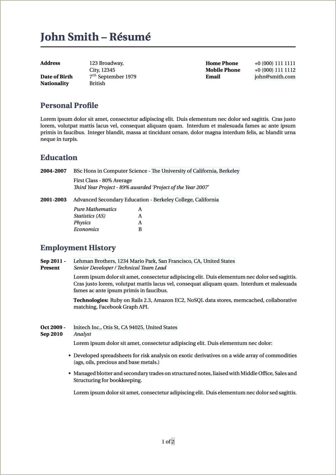 Sample Resume For Application To Graduate School