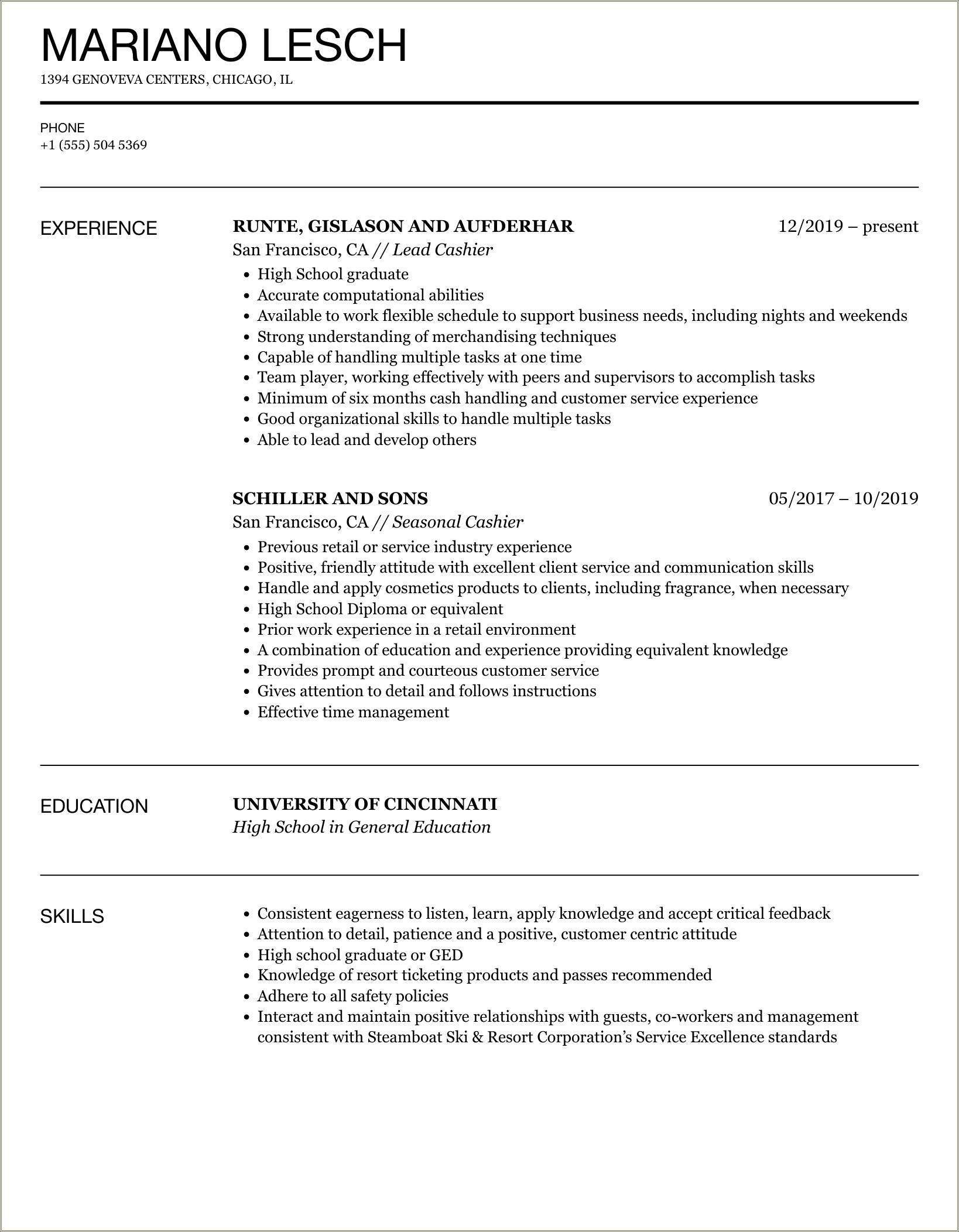 Sample Resume For Applying To A Cashier