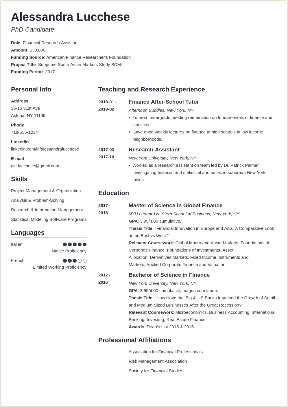 Sample Resume For Applying To Graduate School