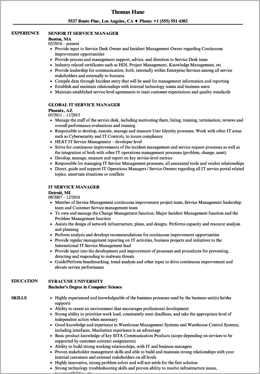 Sample Resume For Area Service Manager