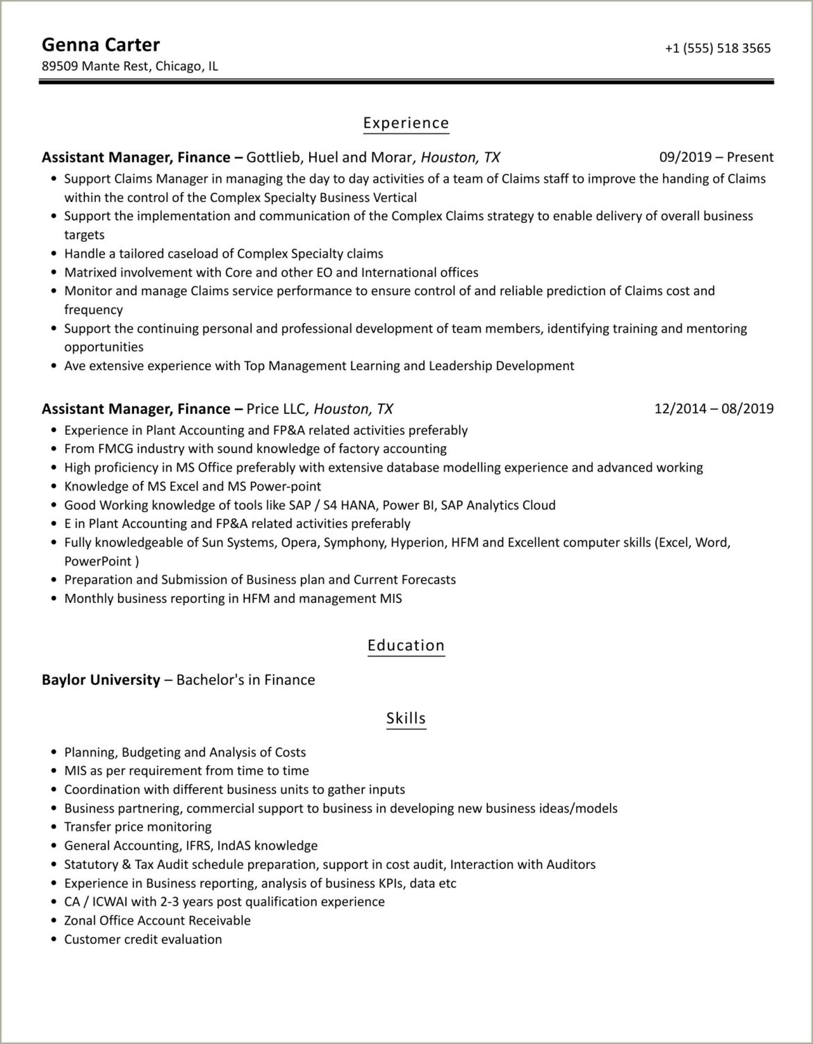 Sample Resume For Assistant Manager Finance