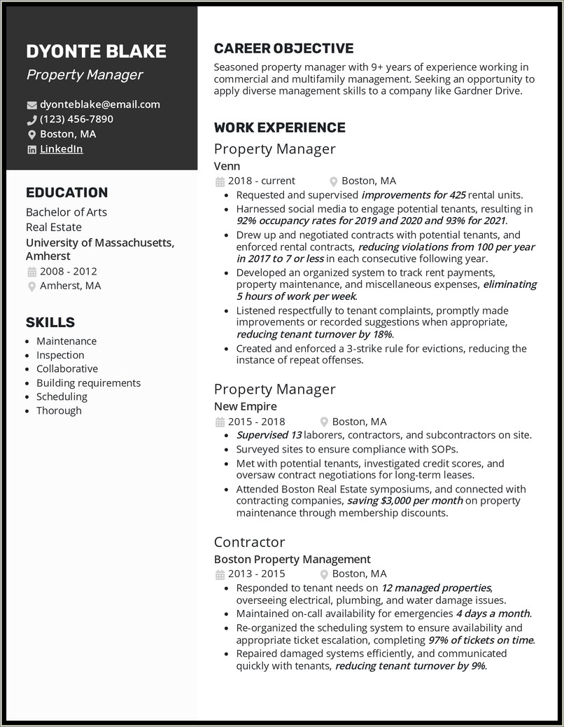 Sample Resume For Assistant Property Manager Accomplishments
