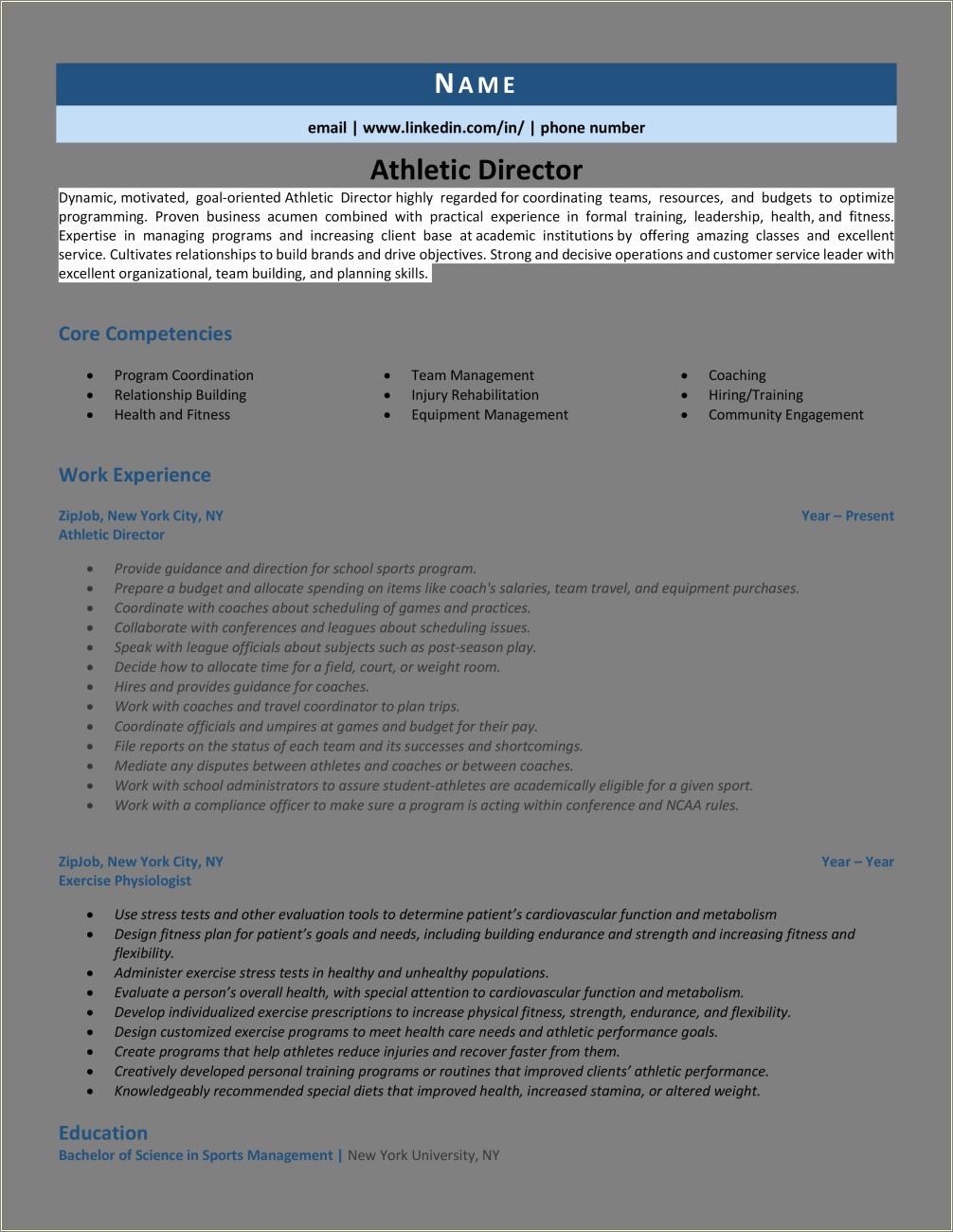 Sample Resume For Athletic Director Position