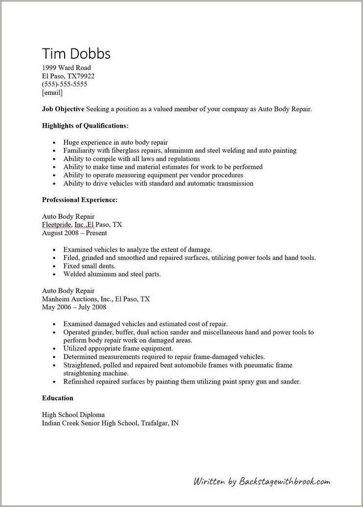 Sample Resume For Auto Body Painter