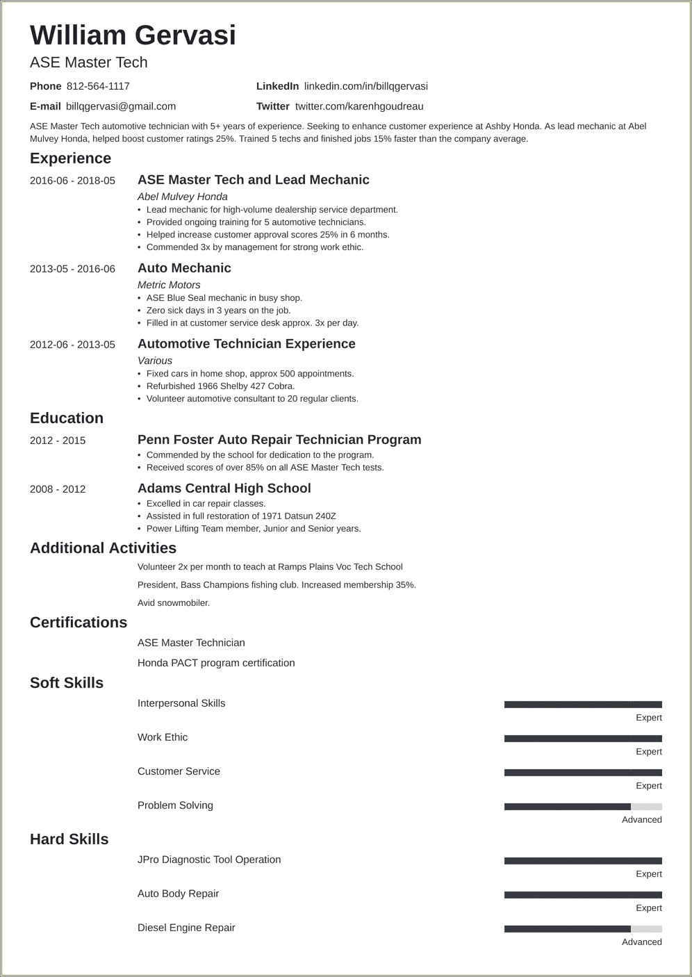 Sample Resume For Auto Mechanic Technician