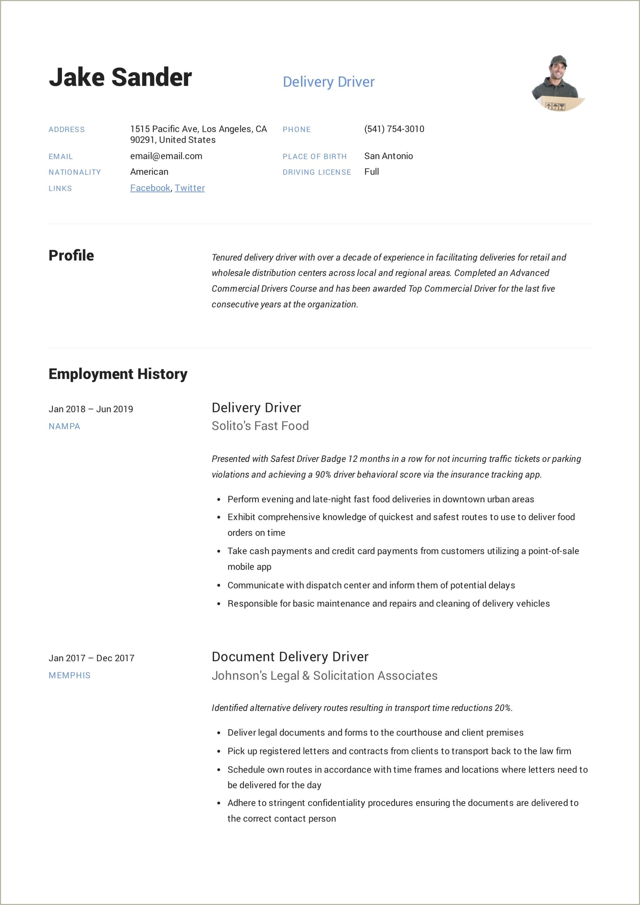 Sample Resume For Auto Parts Delivery Driver