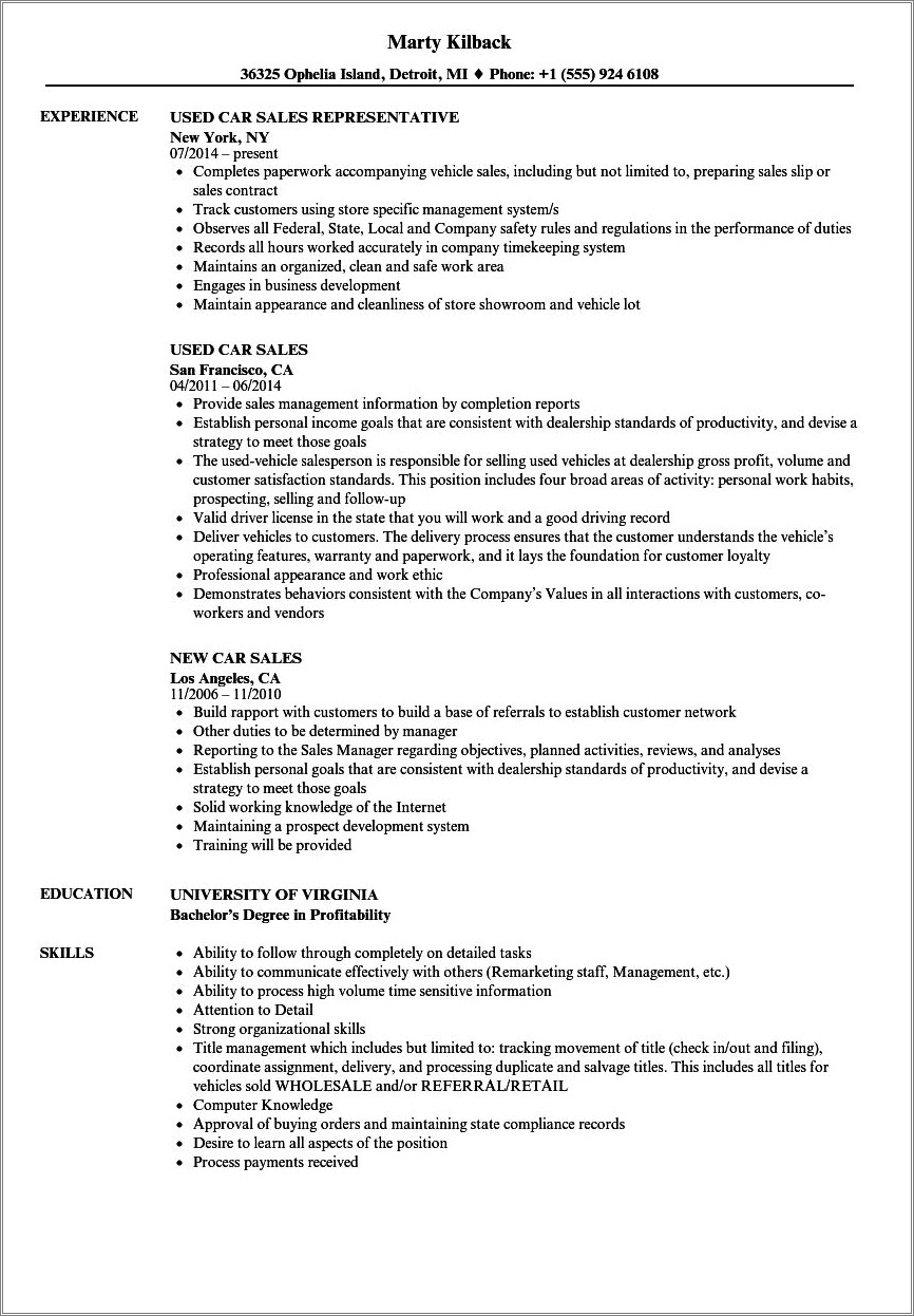 Sample Resume For Auto Sales Associate