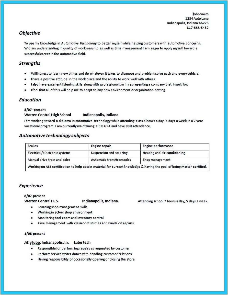 Sample Resume For Automotive Service Writer