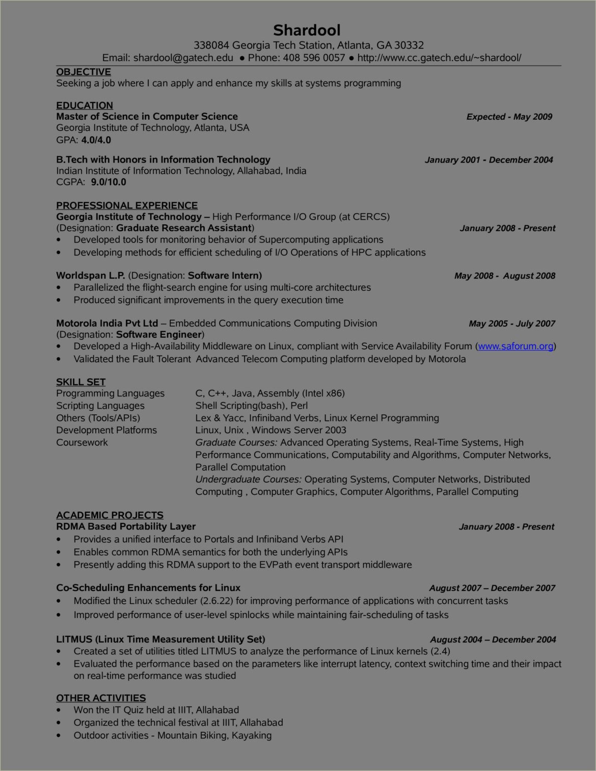 Sample Resume For B Tech Internship