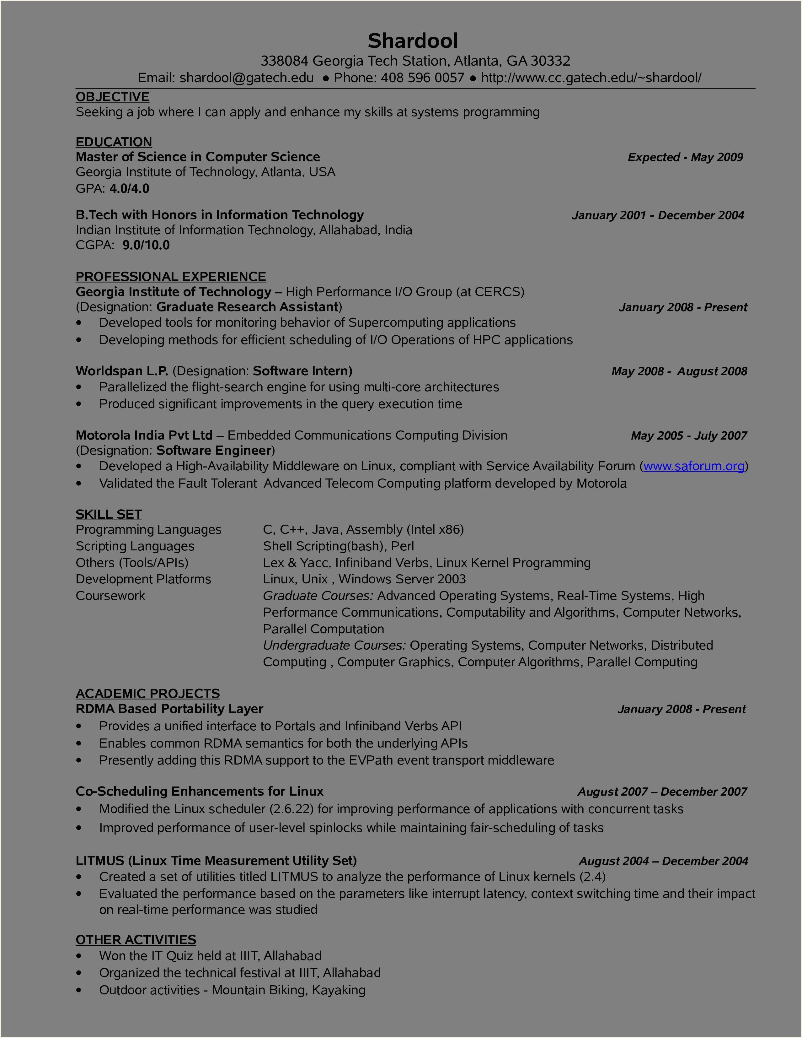 Sample Resume For B Tech Internship